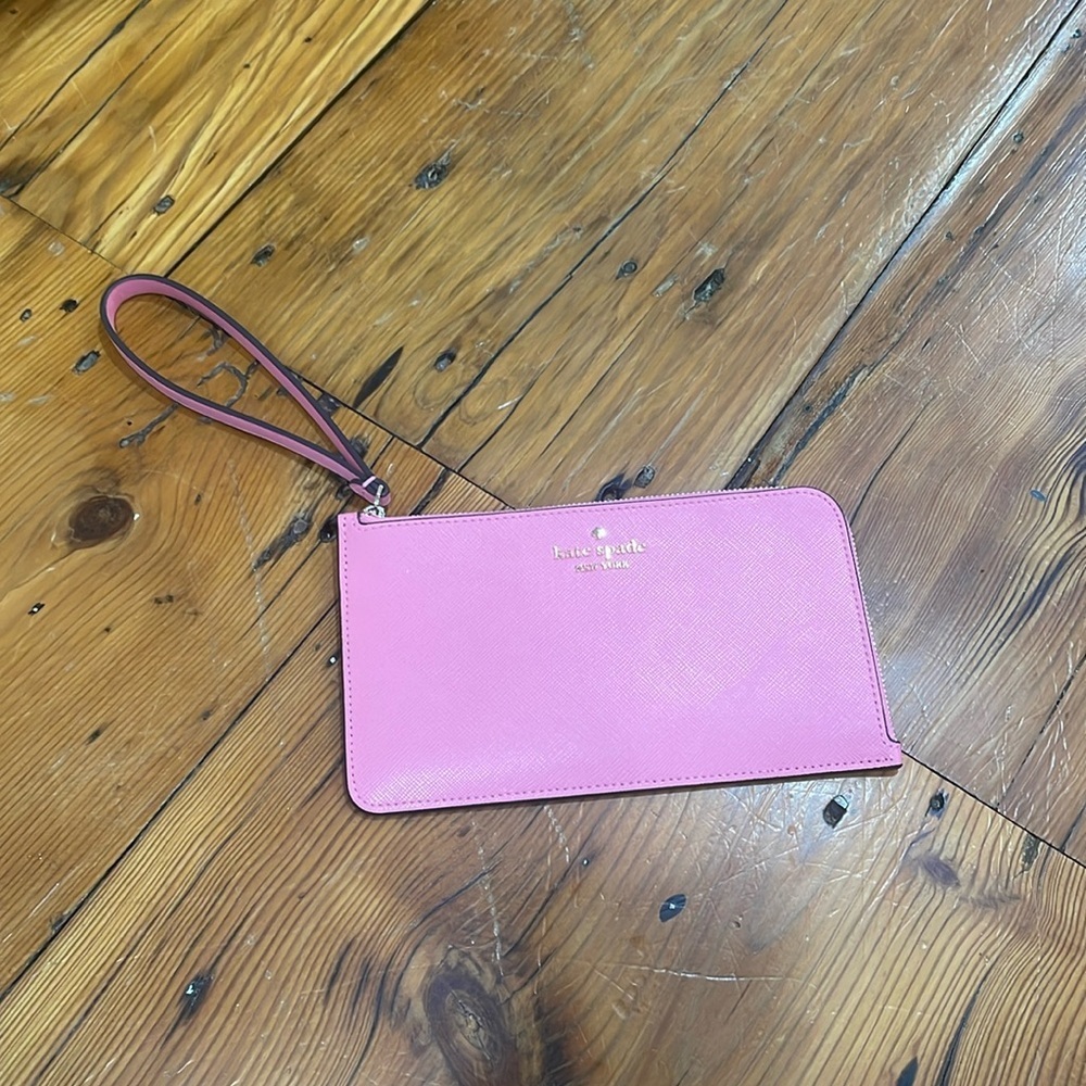 Kate Spade Barbie Pink and Gold Zippered Wristlet Clutch Purse Card Holder